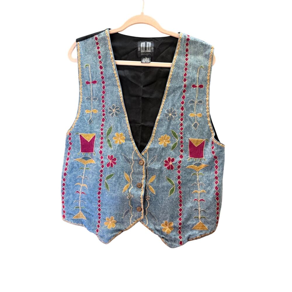 Vintage denim blue jean embroidered floral cottagecore button front vest large